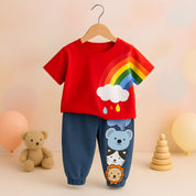 Boys Cotton Full Sleeves Pack Of 2 - Orange letter & Red rainbow Printed pant