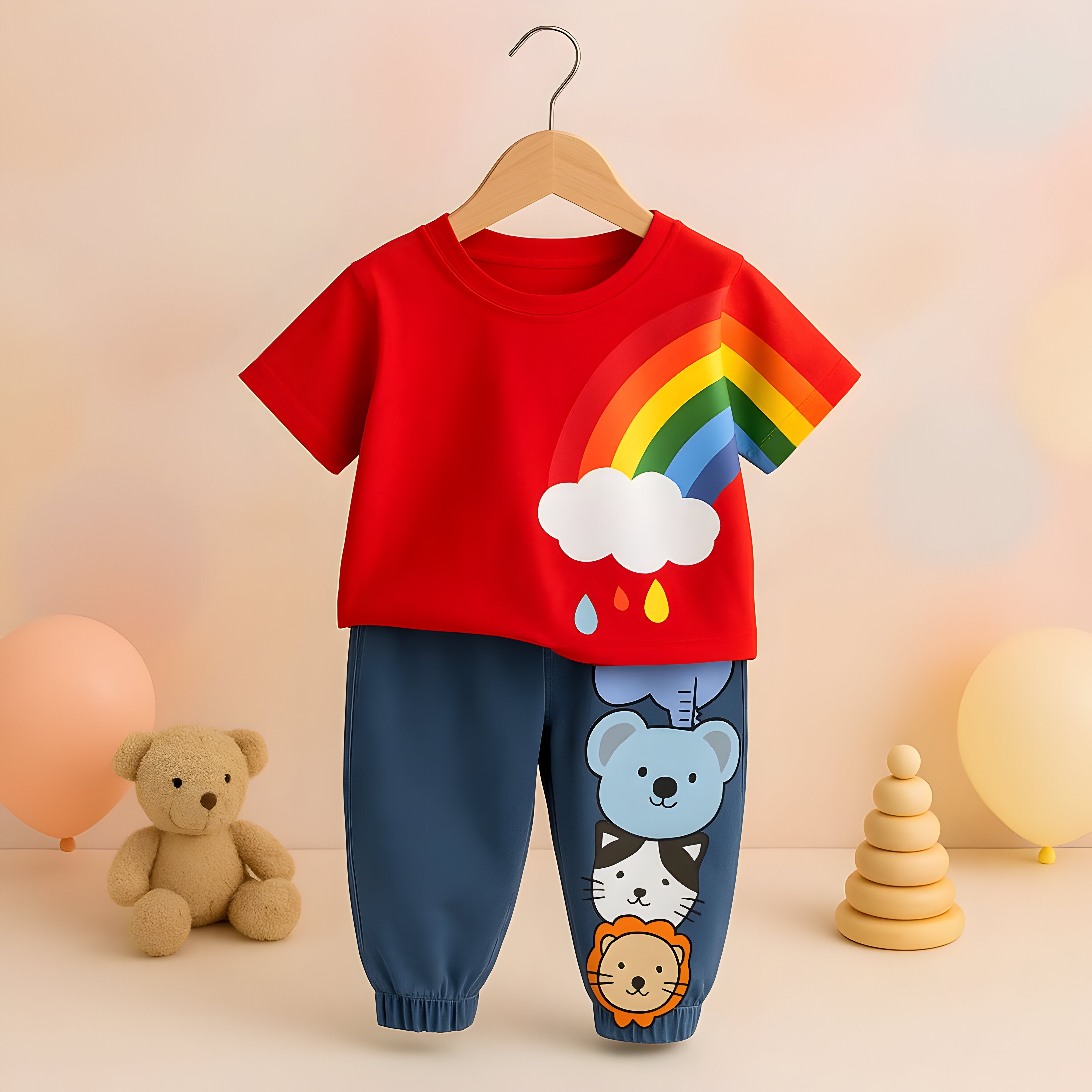 Boys Cotton Full Sleeves Pack Of 2 - Orange letter & Red rainbow Printed pant