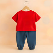 Boys Cotton Full Sleeves Pack Of 2 - Orange letter & Red rainbow Printed pant