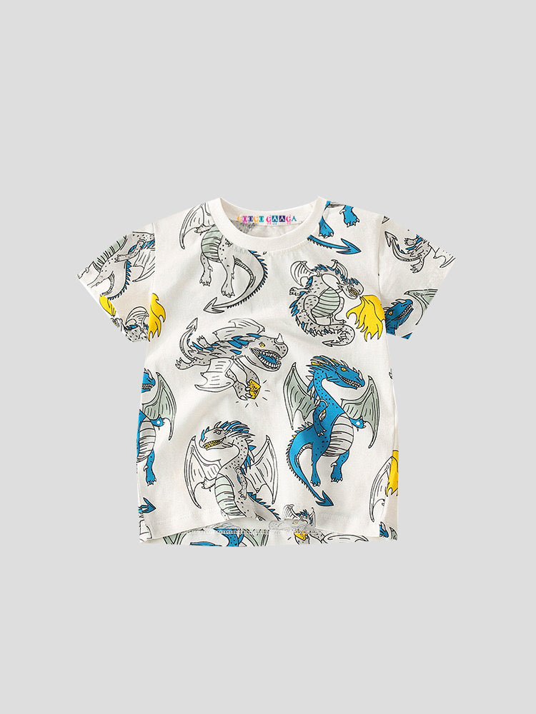 Boy's White Dragon Print Half-Sleeve T-Shirt