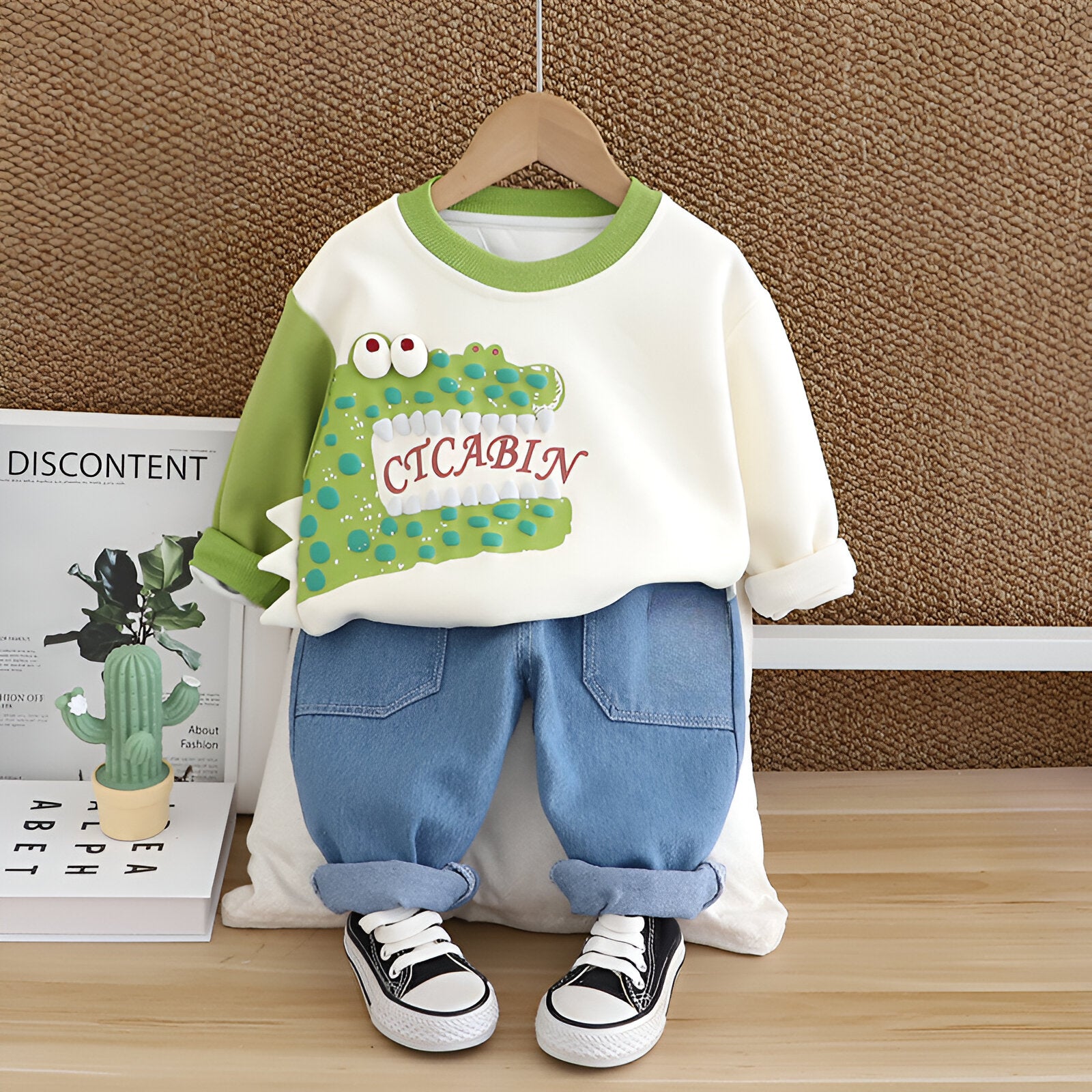 Boys Cotton Knit Full Sleeves Dino Printed Sweatshirt With Pant Pack of 2 - White & Cream