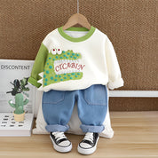 Boys Cotton Knit Full Sleeves Dino Printed Sweatshirt With Pant Pack of 2 - White & Cream