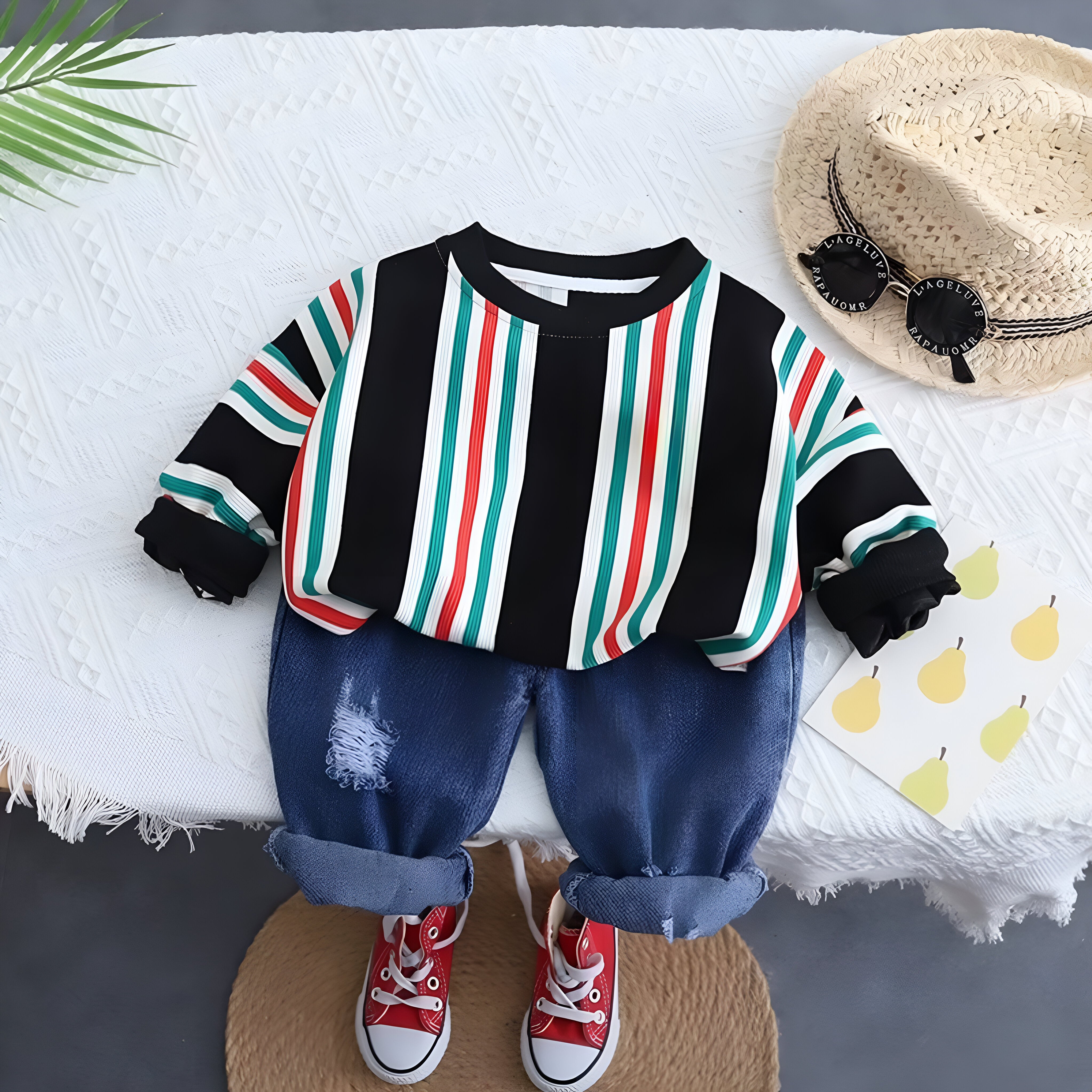 Boy's Black Striped Sweatshirt & Pants Set