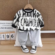 Boy's Black Text Print Sweatshirt & Pants Set