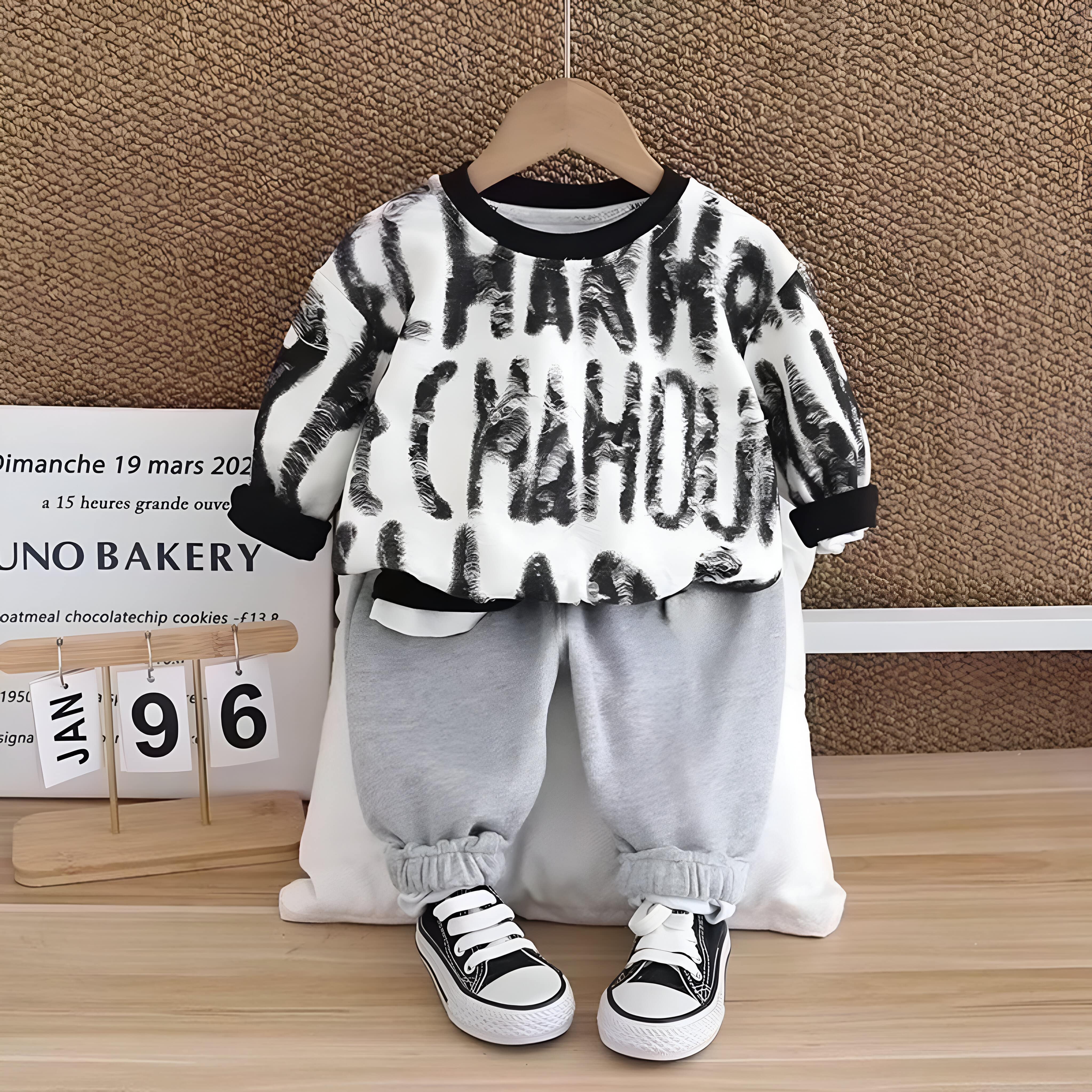 Boy's Black Text Print Sweatshirt & Pants Set