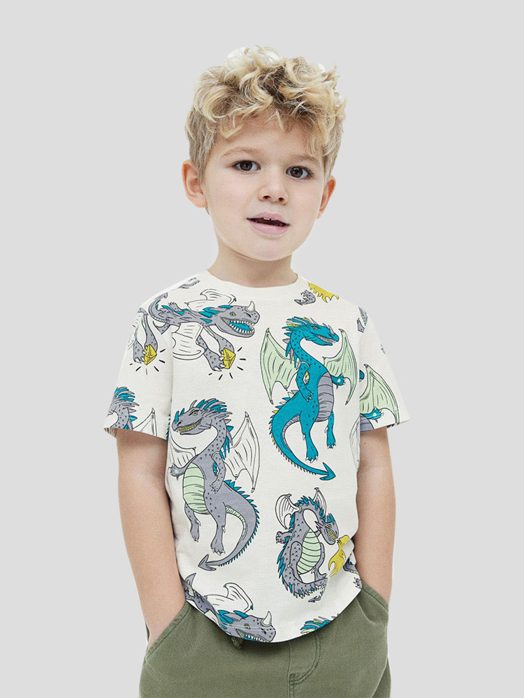 Boy's White Dragon Print Half-Sleeve T-Shirt