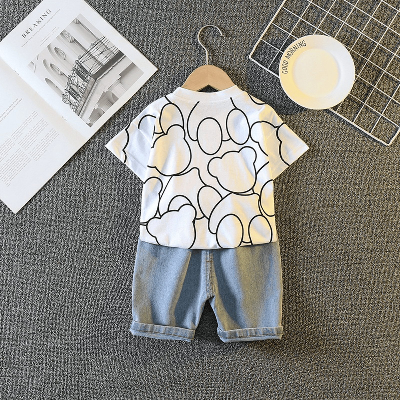Boy's White Bear Print T-Shirt & Shorts Set