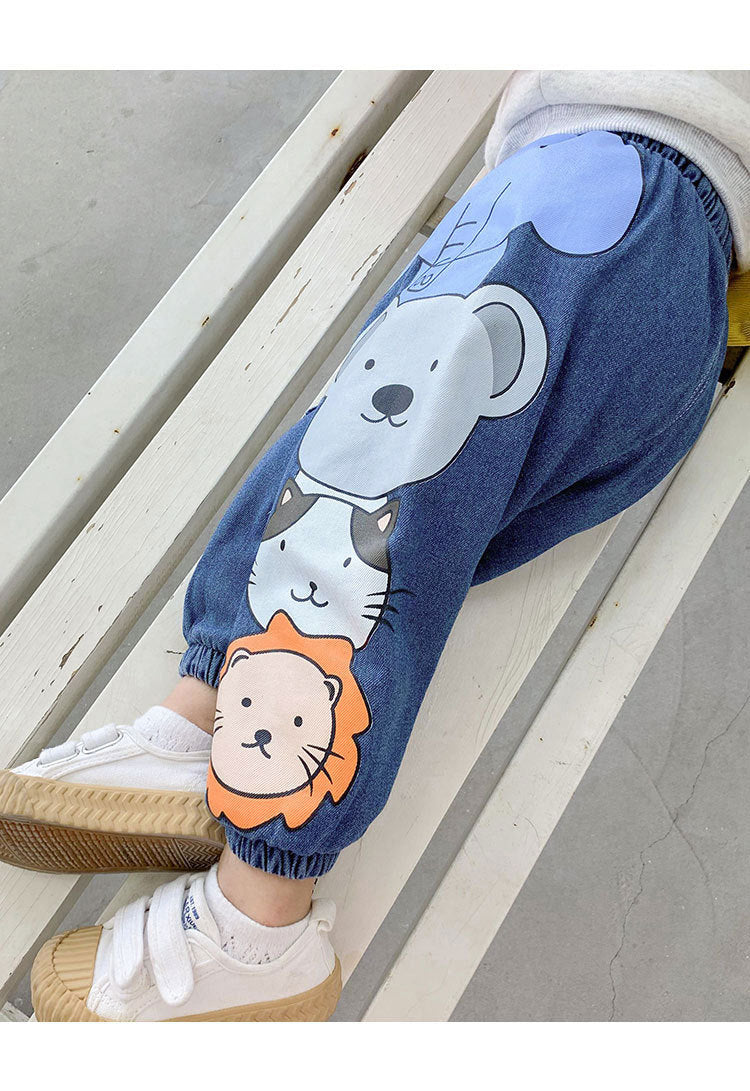 Boy's Blue Animal Print Cotton Pants