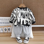 Boy's Black Text Print Sweatshirt & Pants Set