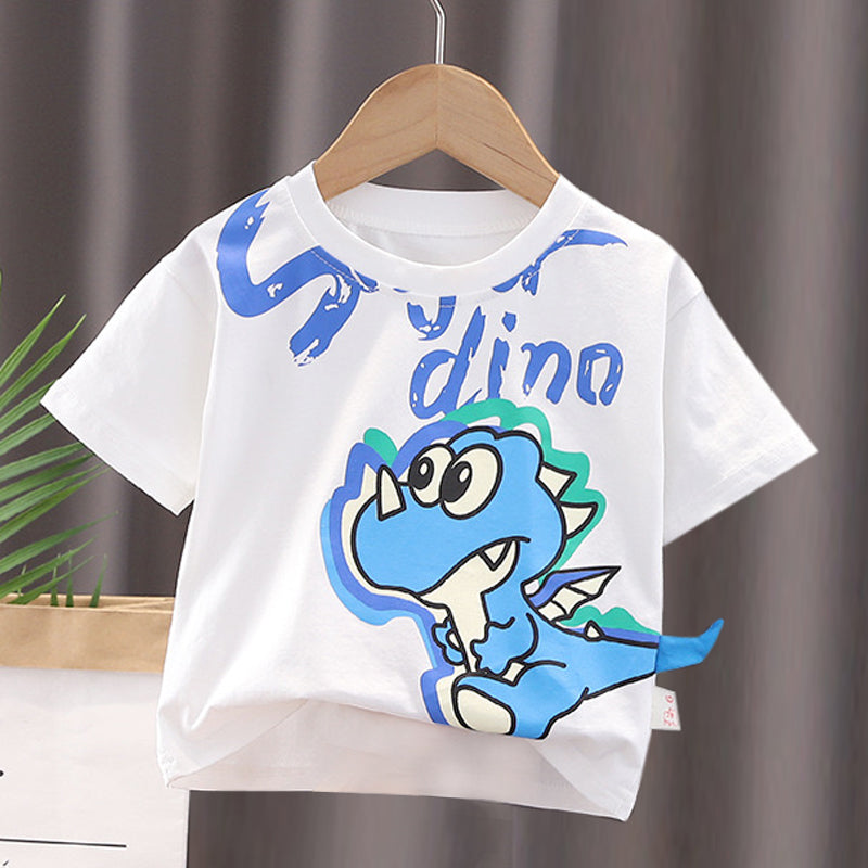 Boy's White Dino Print Half-Sleeve T-Shirt
