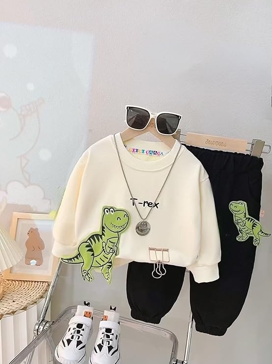 Boy's Cream Dino Print Sweatshirt & Pants Set