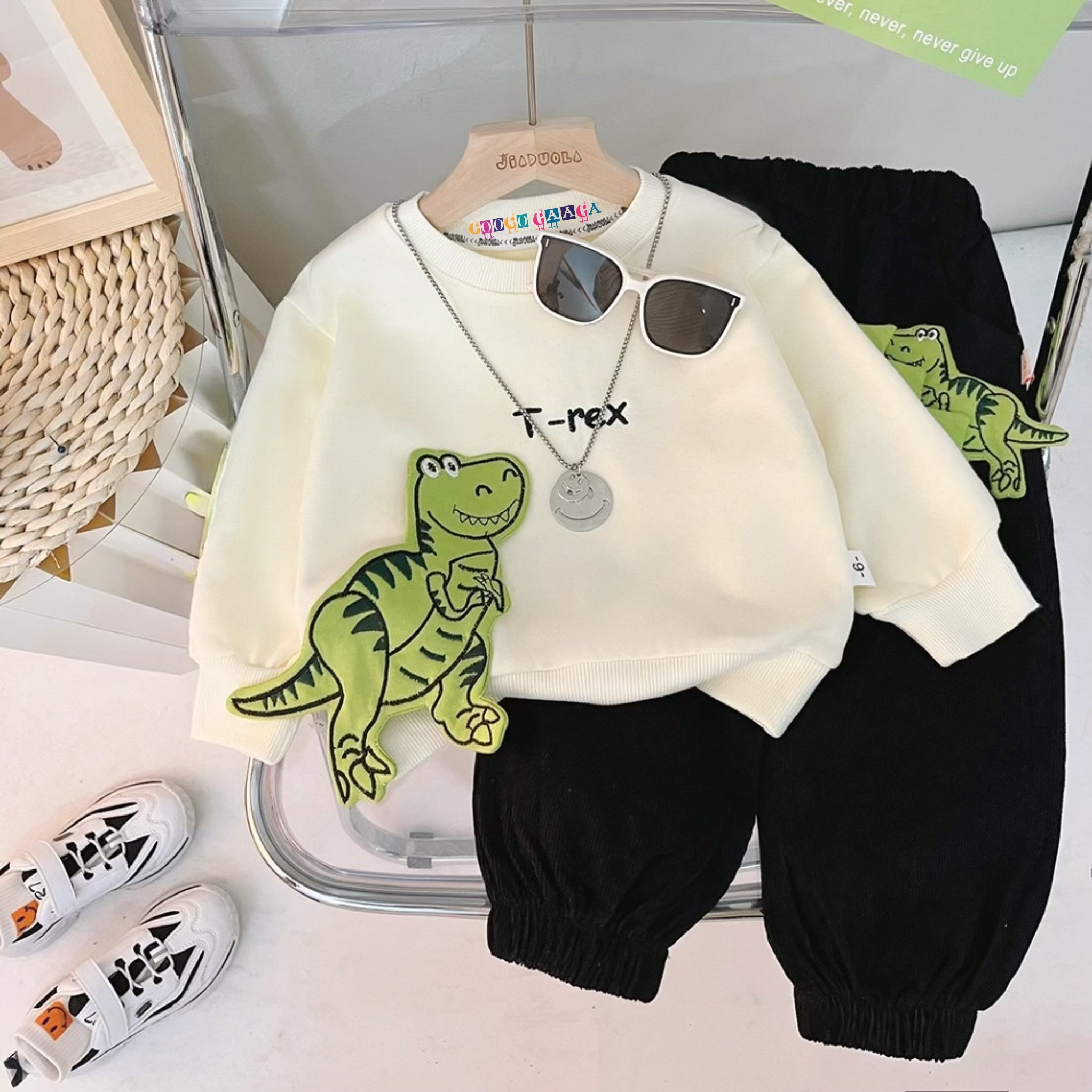 Boys Cotton Full Sleeves Sweatshirt & Joggers Set Pack Of 2  - Cream Hoody & Cream DinoSaur