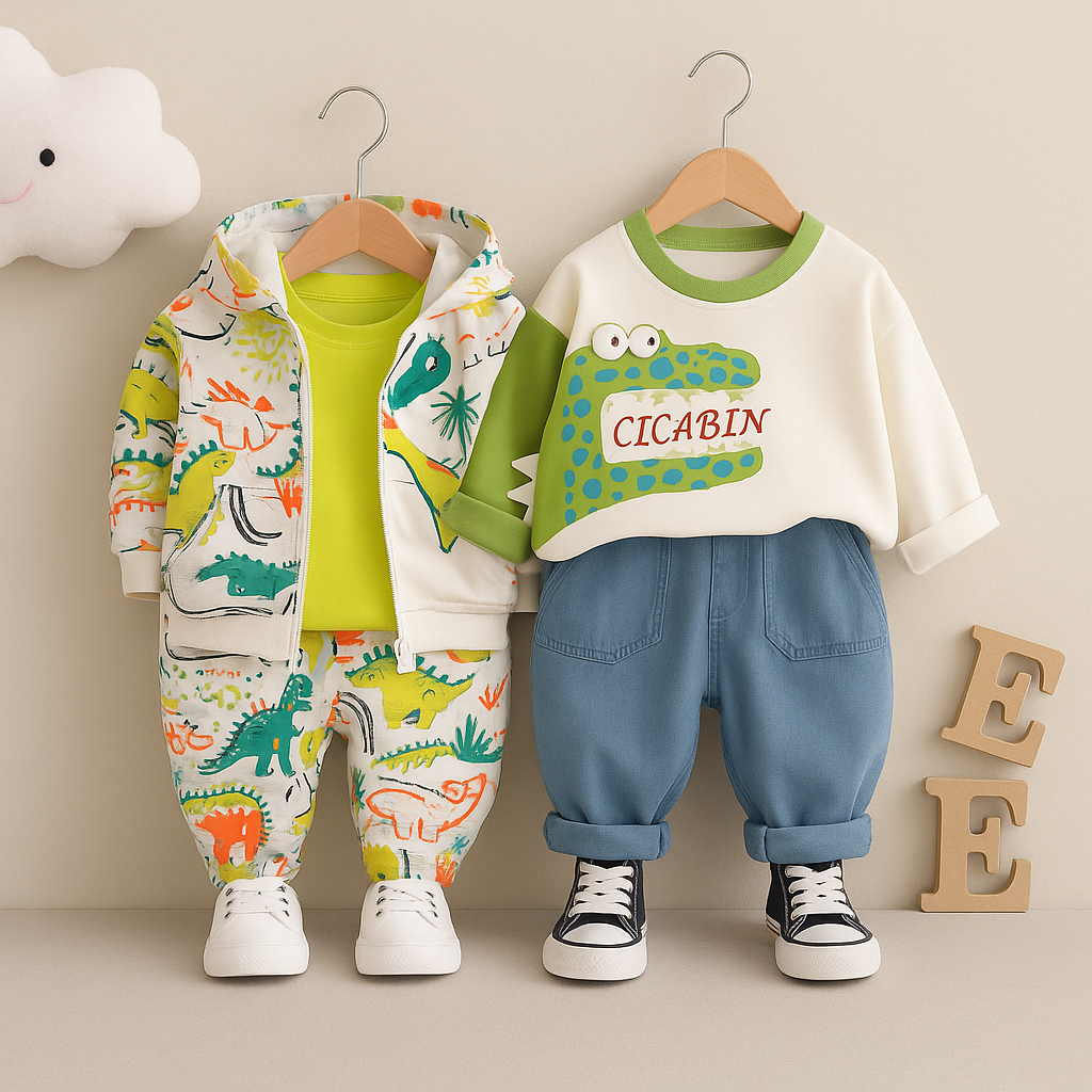 Boys Cotton Knit Full Sleeves Dino Printed Sweatshirt With Pant Pack of 2 - White & Cream