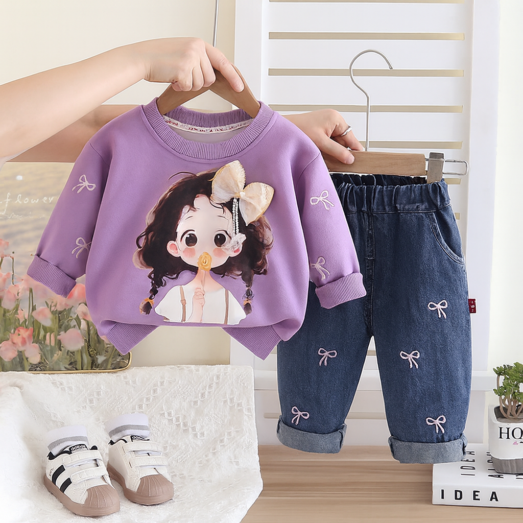 Girls Cotton Knit Girl Printed Sweatshirt With Jeans Set - Purple
