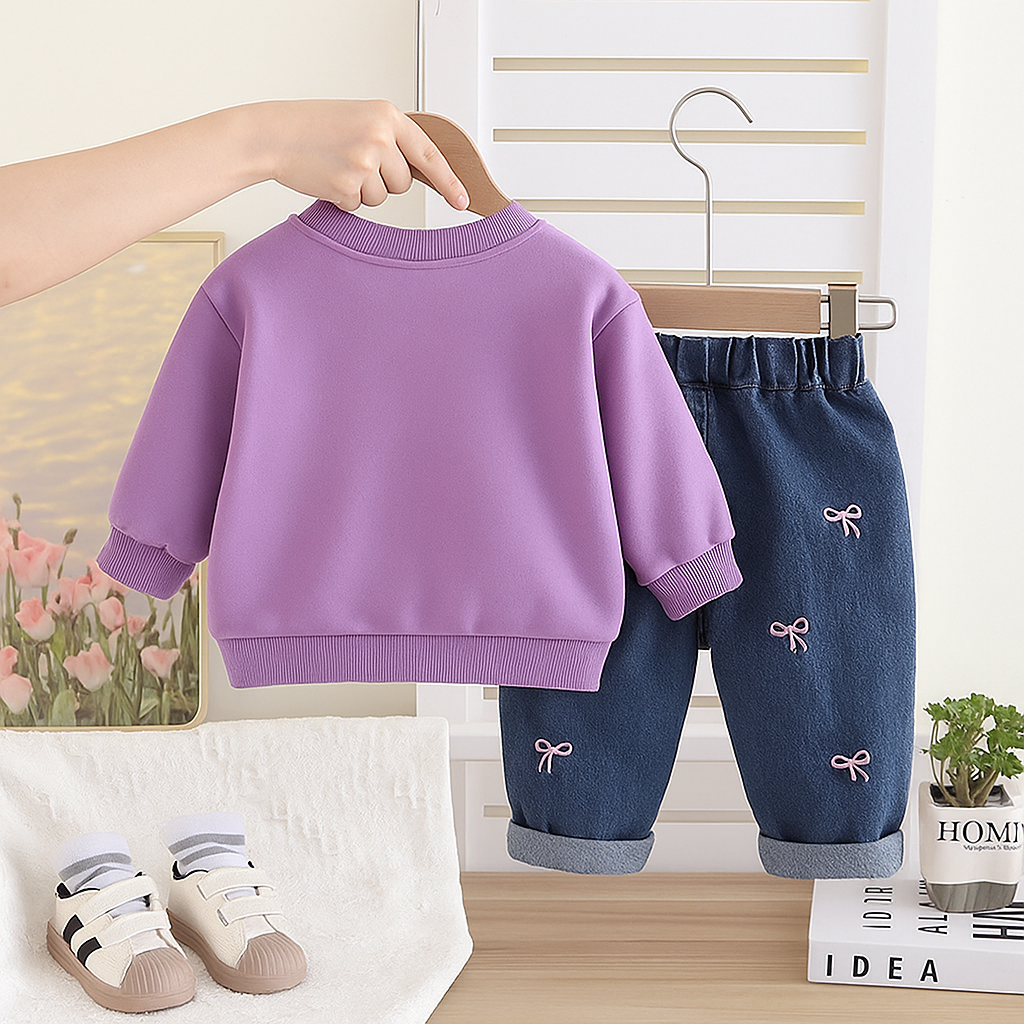 Girls Cotton Knit Girl Printed Sweatshirt With Jeans Set - Purple
