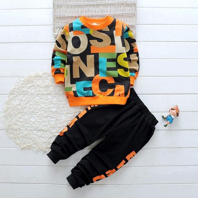Boys Cotton Full Sleeves Pack Of 2 - Orange letter & Red rainbow Printed pant