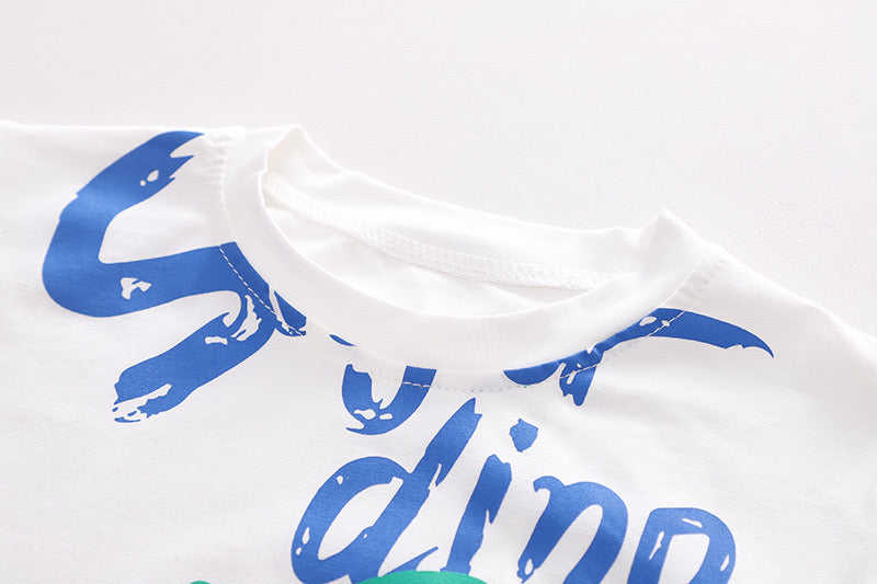 Boy's White Dino Print Half-Sleeve T-Shirt