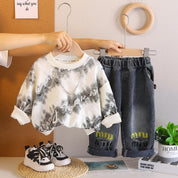 Boys White Grey Printed SweaSweatshirt And Denim Pant