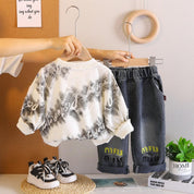 Boys White Grey Printed SweaSweatshirt And Denim Pant