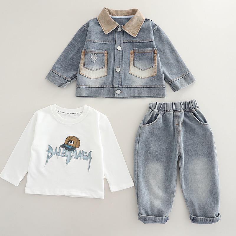 Boys Grey Denim Set with Printed SweaSweatshirt