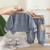Boys Grey Denim Set with Printed SweaSweatshirt