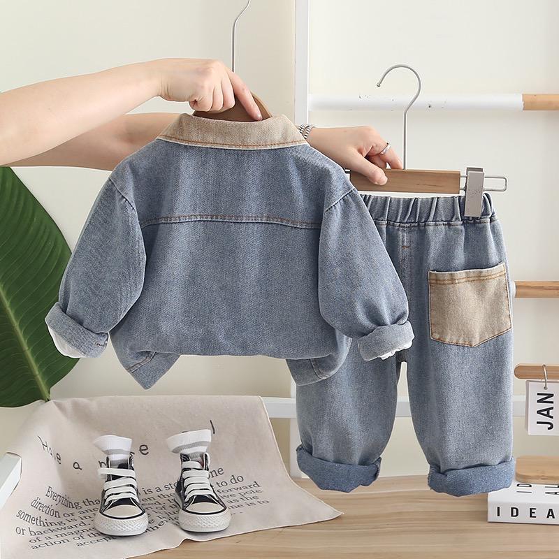 Boys Grey Denim Set with Printed SweaSweatshirt