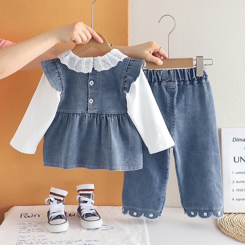 Girls White and Blue Denim Upper Bottom