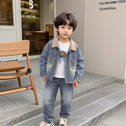 Boys Grey Denim Set with Printed SweaSweatshirt
