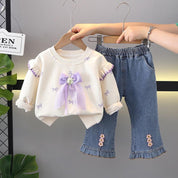 Girls Cream Top With Denim Pant