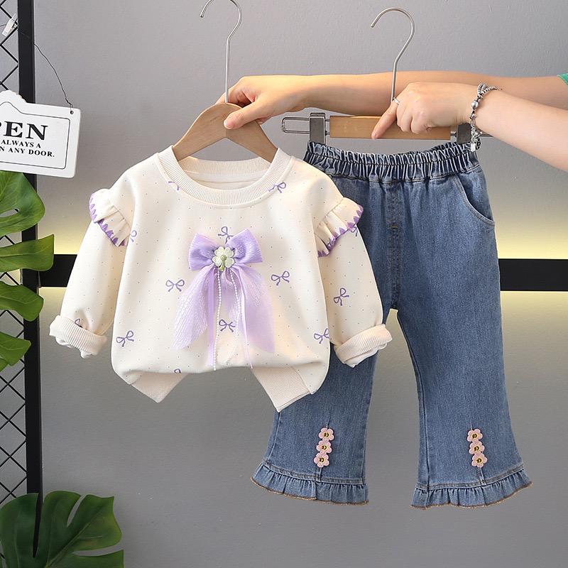 Girls Cream Top With Denim Pant