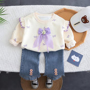 Girls Cream Top With Denim Pant