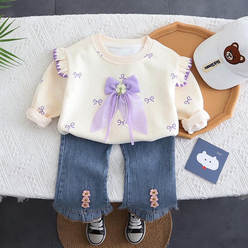 Girls Cream Top With Denim Pant