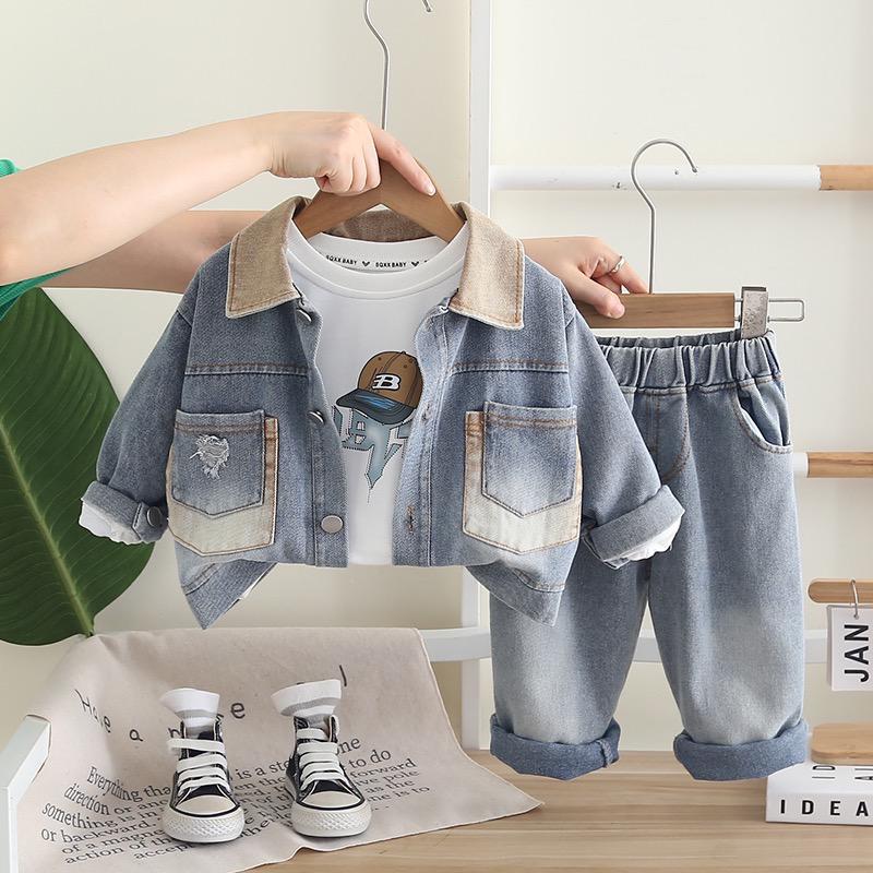 Boys Grey Denim Set with Printed SweaSweatshirt