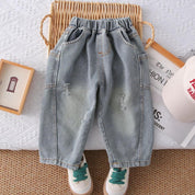 Boys Grey Denim Set with Printed SweaSweatshirt