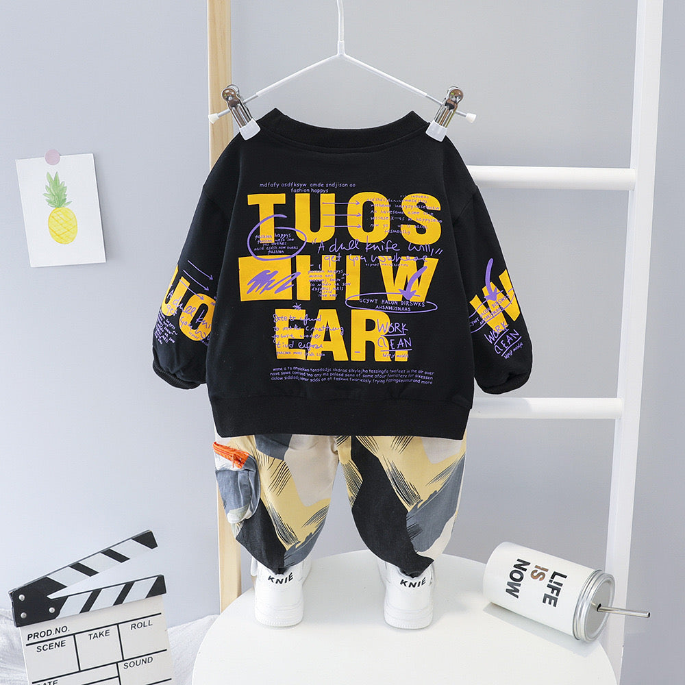 Boy's Black Text Print Sweatshirt & Pants Set