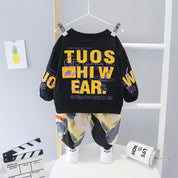 Boy's Black Text Print Sweatshirt & Pants Set