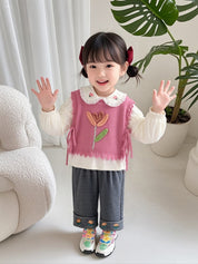 Girls Cotton Knit Girl Rose Rose Embroidered Sweater, Shirt With Jeans Set - Pink