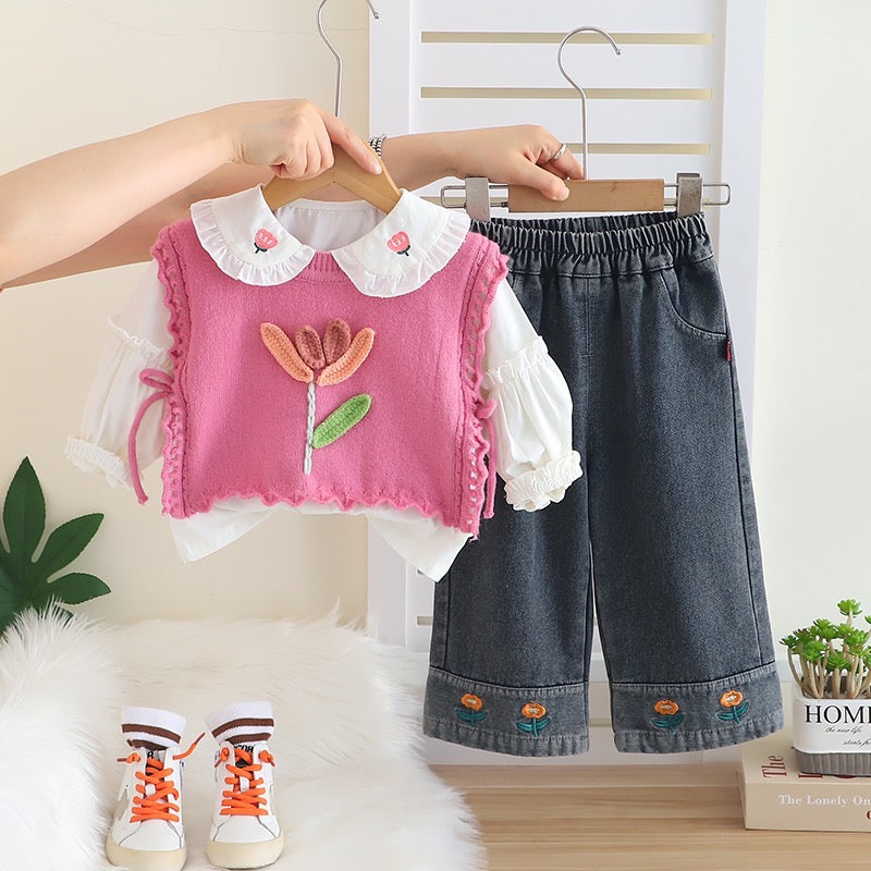 Girls Cotton Knit Girl Rose Rose Embroidered Sweater, Shirt With Jeans Set - Pink