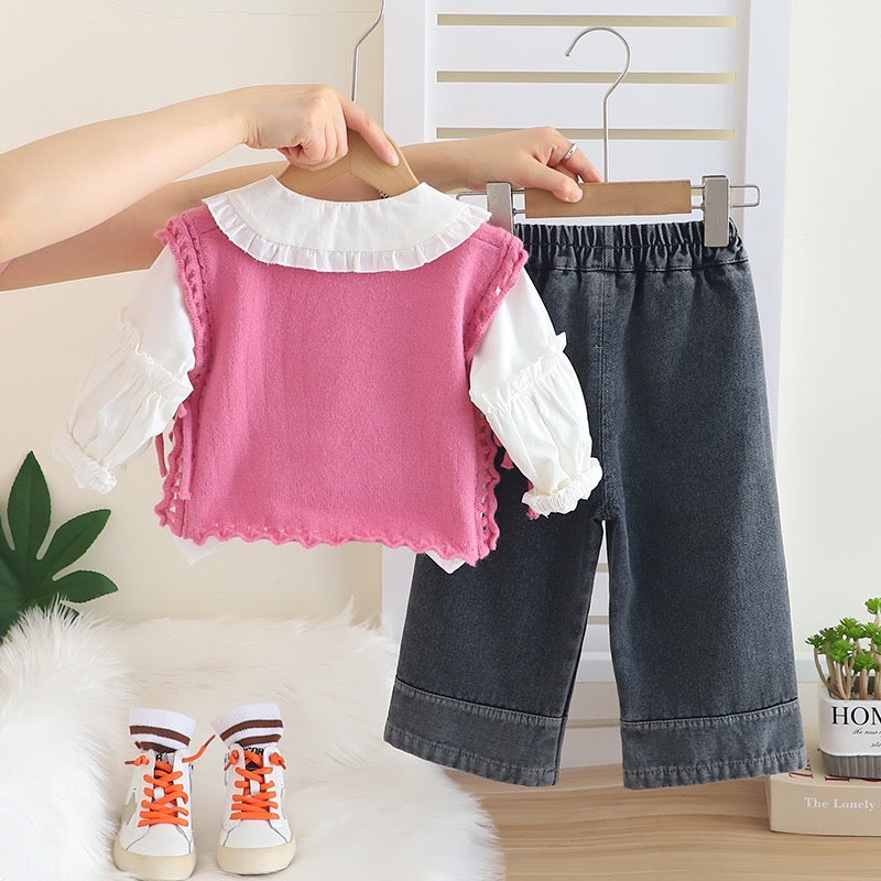 Girls Cotton Knit Girl Rose Rose Embroidered Sweater, Shirt With Jeans Set - Pink