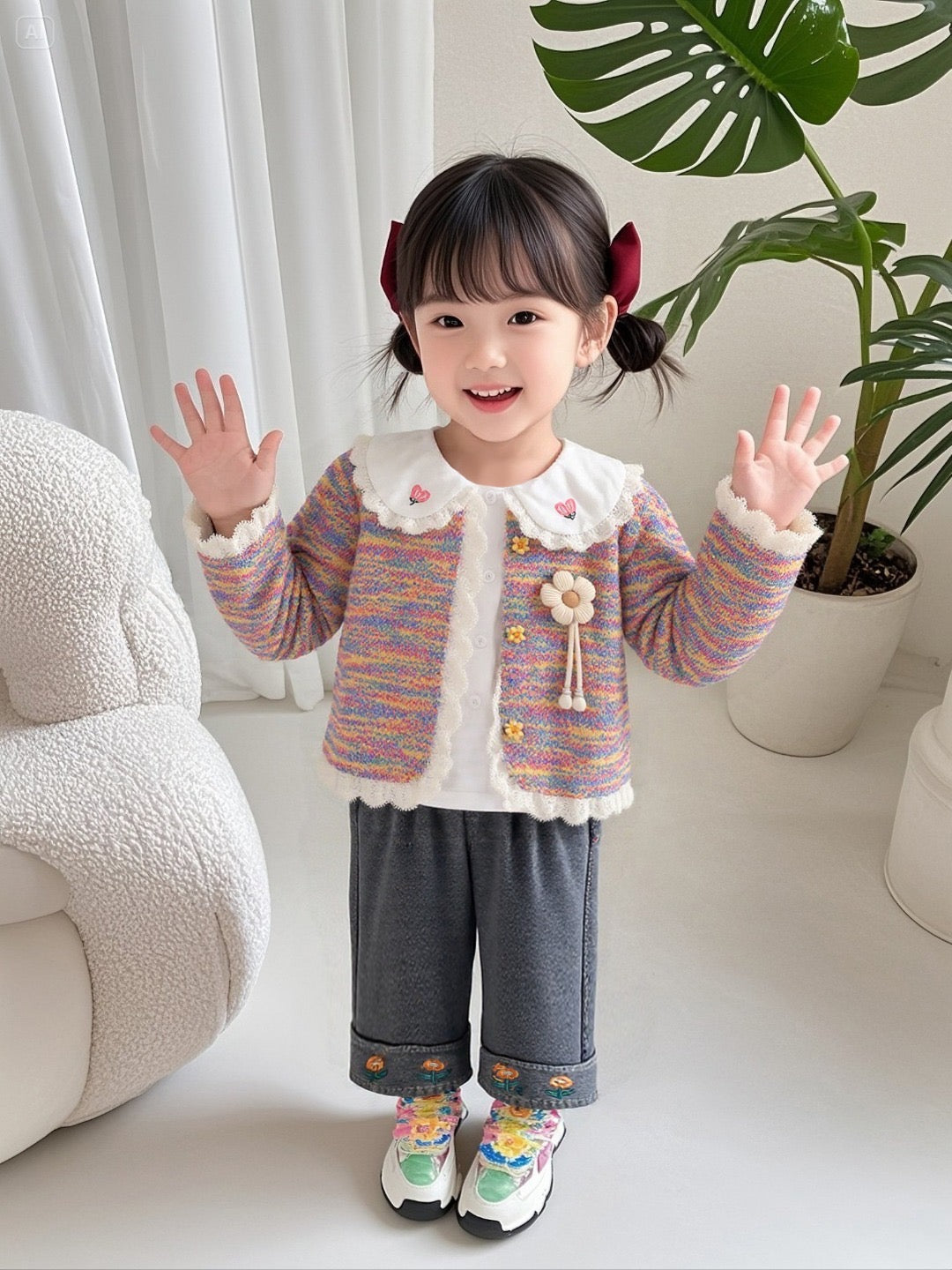 Girls Cotton Knit Girl MultiColor Printed Sweatshirt, Shirt With Jeans Set - MultiColor