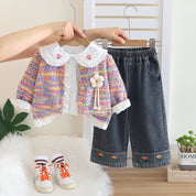 Girls Cotton Knit Girl MultiColor Printed Sweatshirt, Shirt With Jeans Set - MultiColor