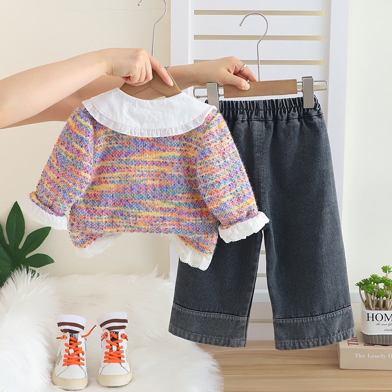 Girls Cotton Knit Girl MultiColor Printed Sweatshirt, Shirt With Jeans Set - MultiColor