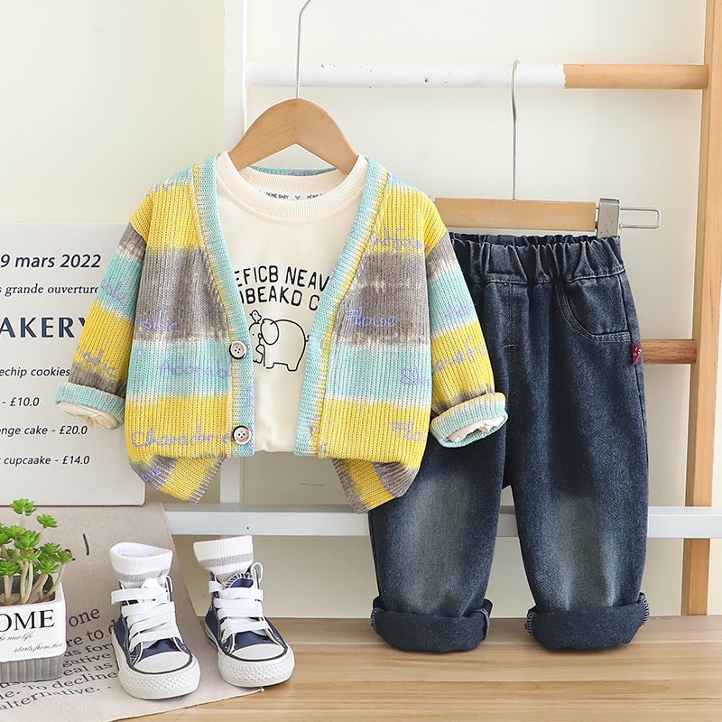 Boys Cotton Knit Colourful Stripes Printed Jacket, T-shirt With Jeans - Yellow