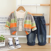 Boys Cotton Knit ColourFul Stripes Printed Jacket T-shirt With Jeans - Orange