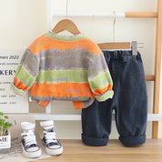 Boys Cotton Knit ColourFul Stripes Printed Jacket T-shirt With Jeans - Orange