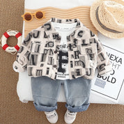 Boys Cotton Knit All Over Text Printed Shirt, T-shirt With Jeans - Cream