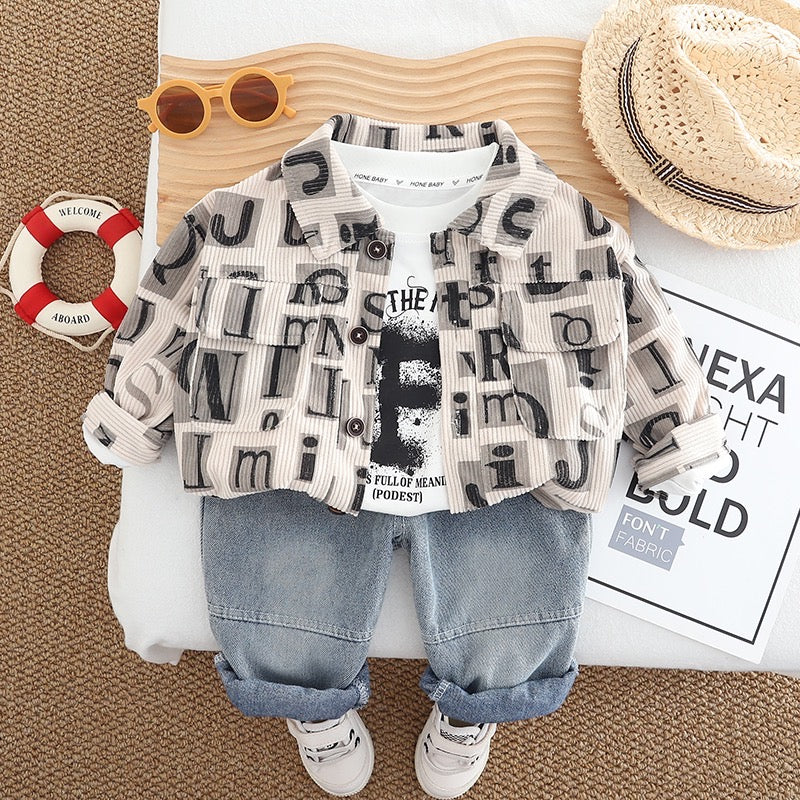 Boys Cotton Knit All Over Text Printed Shirt, T-shirt With Jeans - Cream