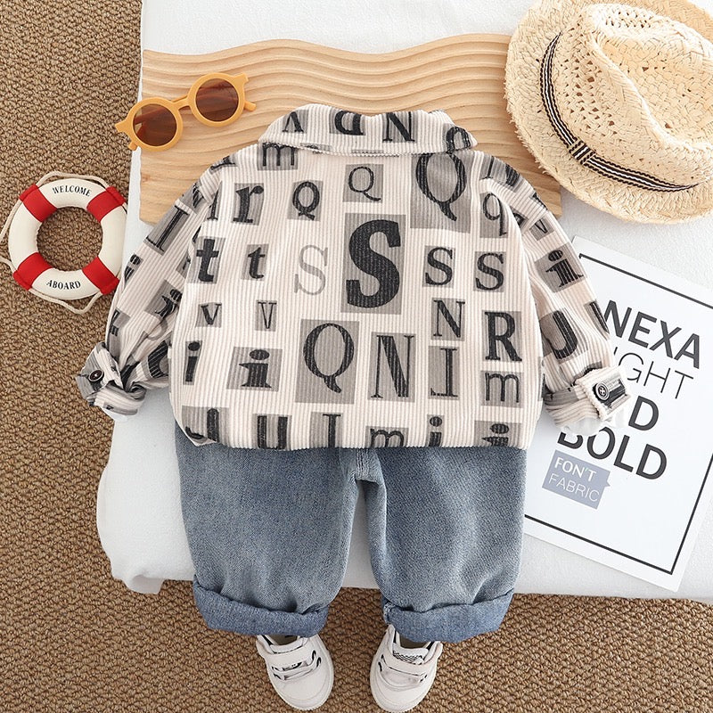 Boys Cotton Knit All Over Text Printed Shirt, T-shirt With Jeans - Cream