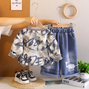 Boy's Cotton Knit All Over Printed Sweatshirt With Jeans Set - Grey
