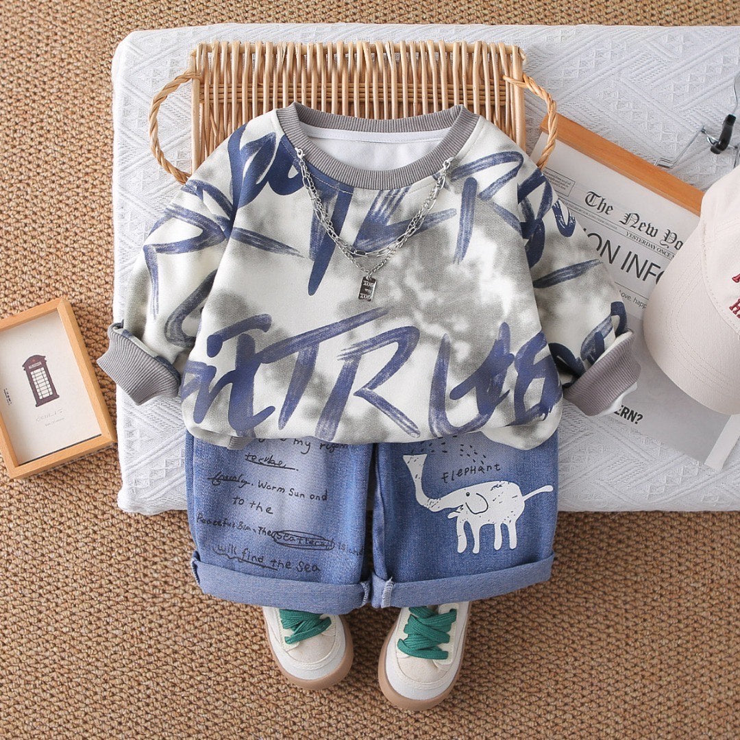 Boy's Cotton Knit All Over Printed Sweatshirt With Jeans Set - Grey